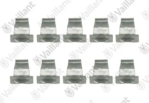 Zehn Klammern aus Metall, vermutlich für eine Heizungsinstallation, angeordnet in zwei Reihen, mit dem Logo von Vaillant im Hintergrund.